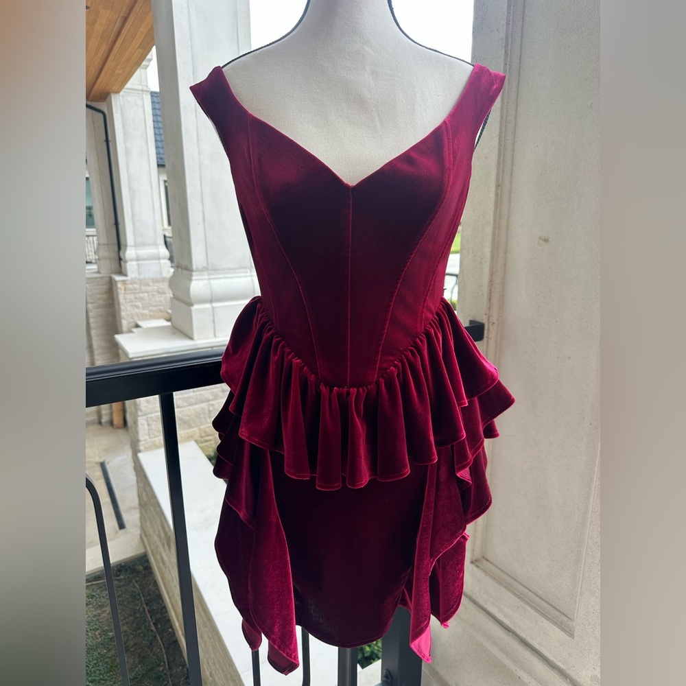 ASOS Red Velvet V Neck Peplum Ruffle Mini Dress (Size 4) - Picture 3 of 11